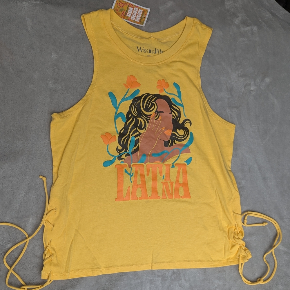 Wound Up Yellow Sleeveless Muscle Tee with Graphic Design